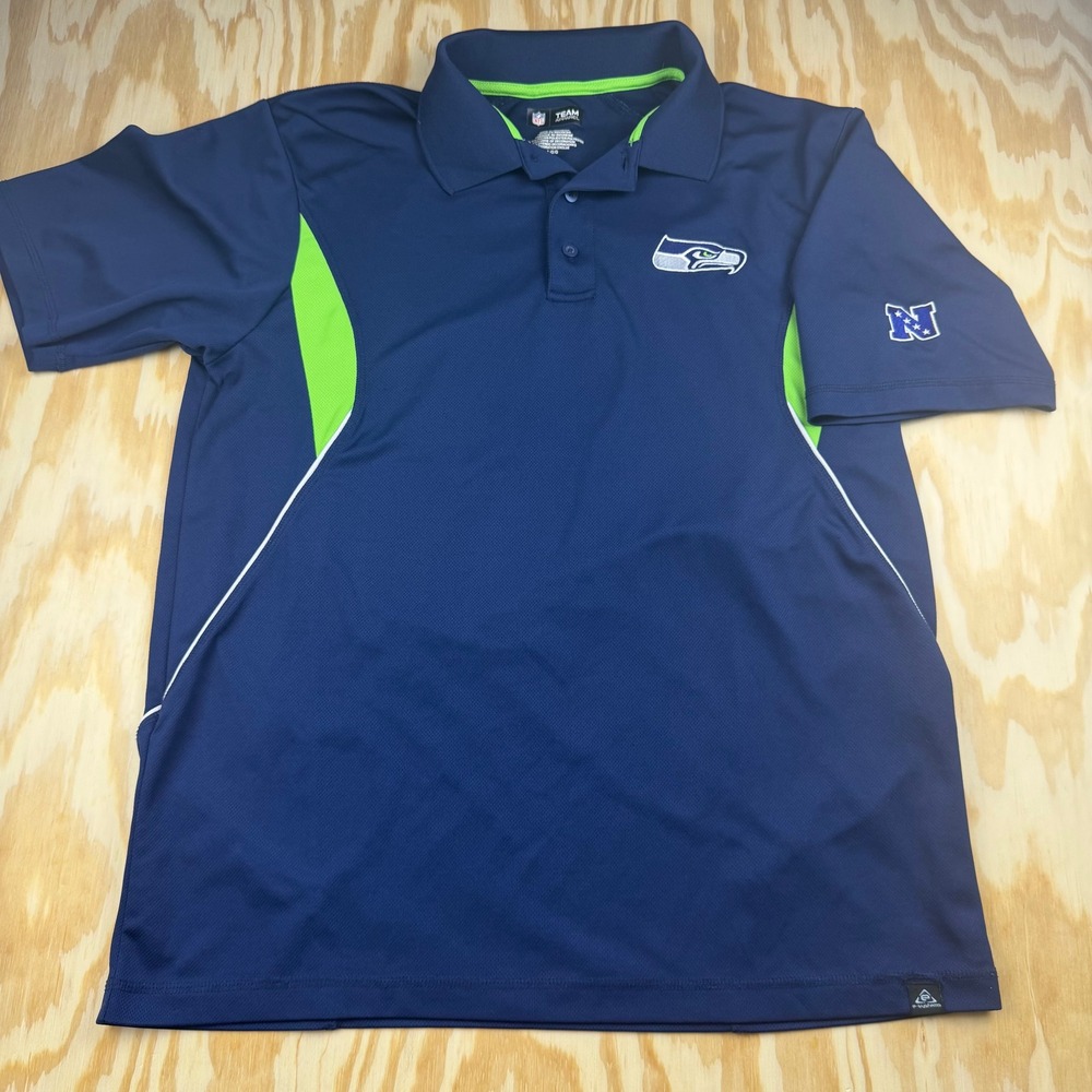 NFL Team Apparel Seattle Seahawks Polo Shirt Mens Large Navy Blue Green NFC Logo